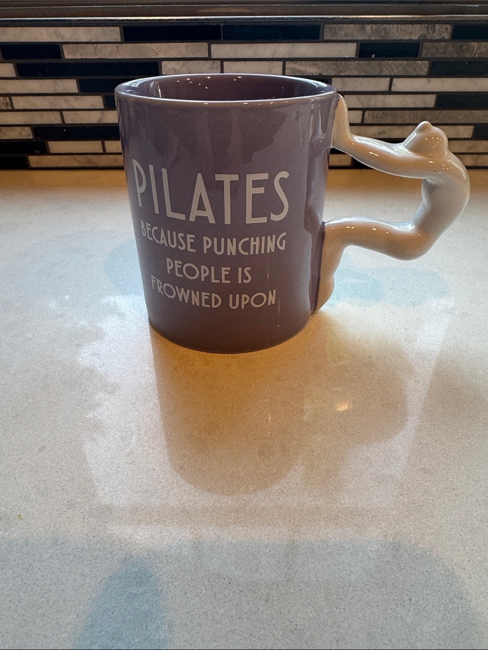 Purple Pilates Ceramic Mug with Sculpted Handle cat and cow